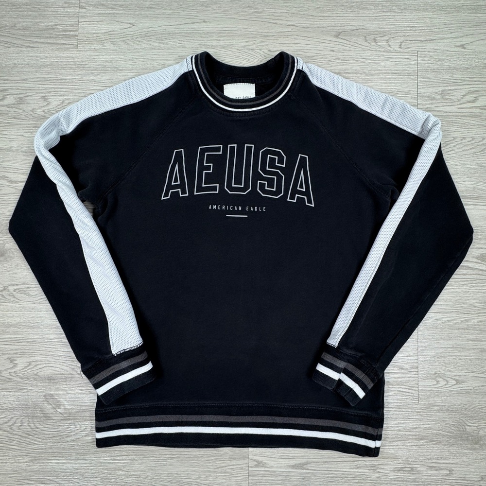 American Eagle Mens Sweatshirt AEUSA Graphic Black Small Mesh Stripe Pullover